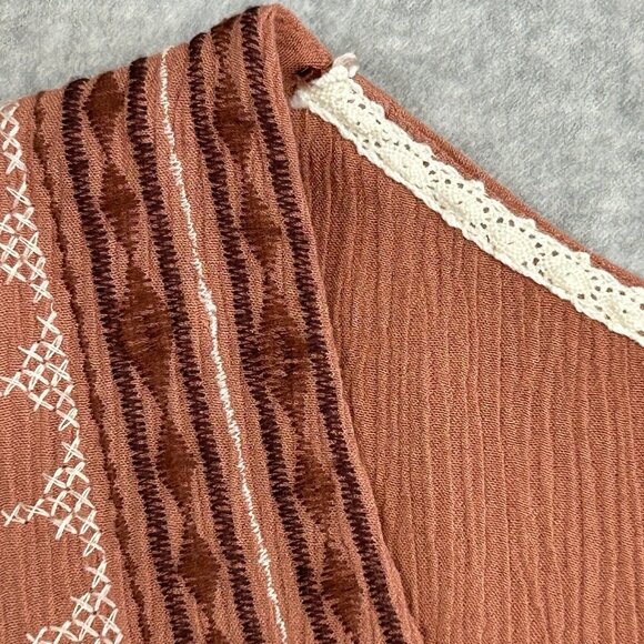 KNOX ROSE Terracotta Cream Mini Dress L Boho Crinkle Rayon Tunic Short Sleeve - Picture 10 of 10